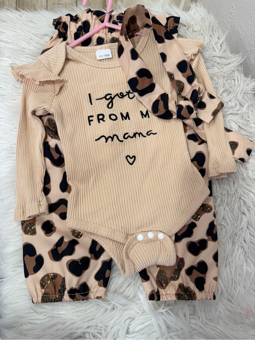 Beige Ribbed Baby One-Piece with Leopard-Print SetSize 12-18months